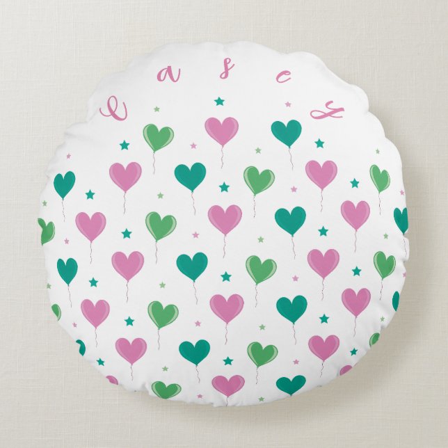 Hart Ballonnen Groen Roze Ster Patroon Schattig Rond Kussen (Voorkant)