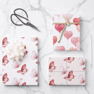 Hart Ballonnen Roze Rood Vlinders Verjaardag Inpakpapier Vel