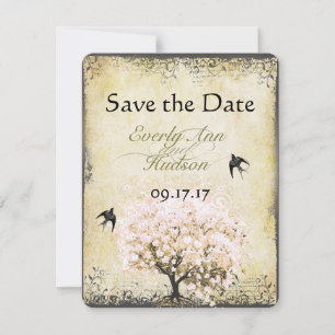 Hart Blaadje Roze Boom Vintage Vogel Trouwdatum Ka Save The Date