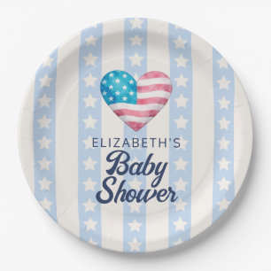 Hart & Blauwe Strepen Jongen Baby Shower Papieren Bordje