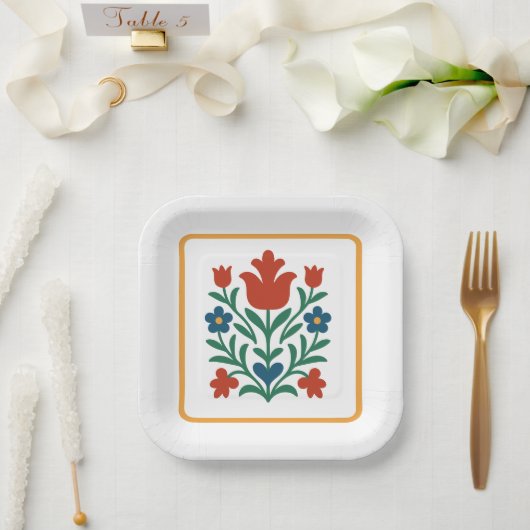 Hart & Bloemen Bloemen Folk Art Party Papieren Bordje (Huwelijk)