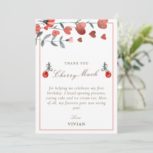 Hart Bloemen Cherry Op Top Verjaardag Dank u kaart (Staand voorkant)