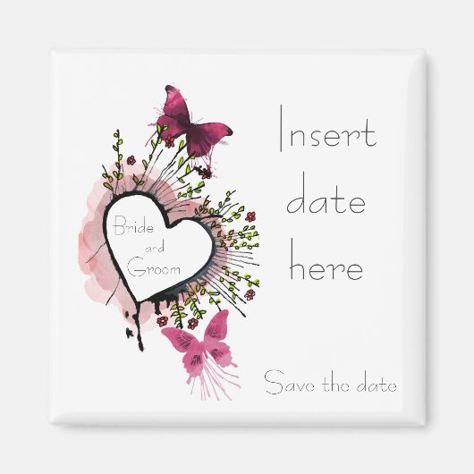Hart, bloemen en vlinders Save the date Magneet (Voorkant)