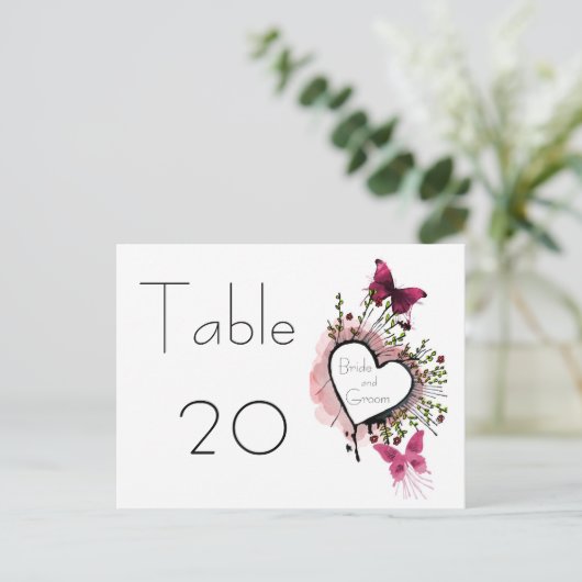 Hart, bloemen en vlinders Tafelnummer Kaart (Staand voorkant)