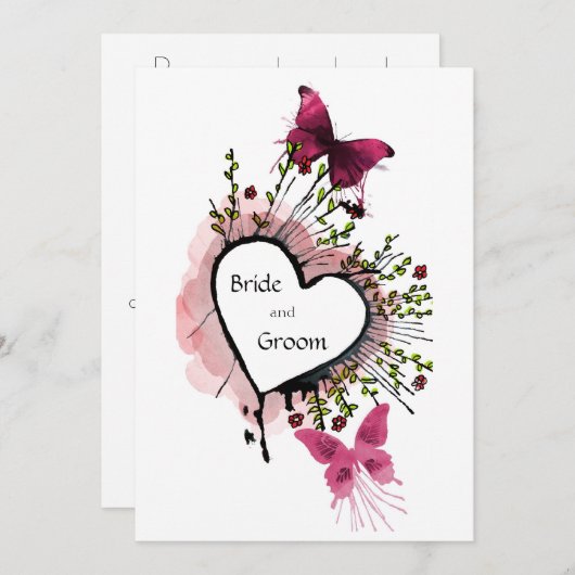 Hart, bloemen en vlinders Uitnodiging (Voorkant / Achterkant)