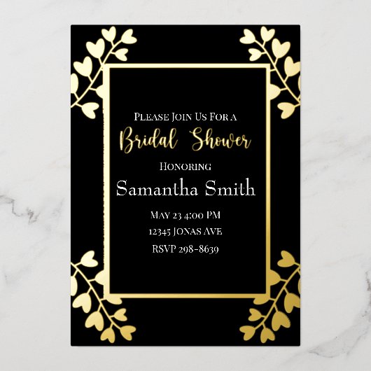 Hart Bloemen op Zwart Goud Vrijgezellenfeest Folie Uitnodiging (Voorkant)