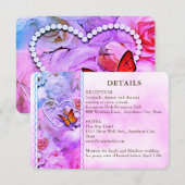 Hart Bloemen Roze Vlinder Bruiloft Gast Details Informatiekaartje (Voorkant / Achterkant)