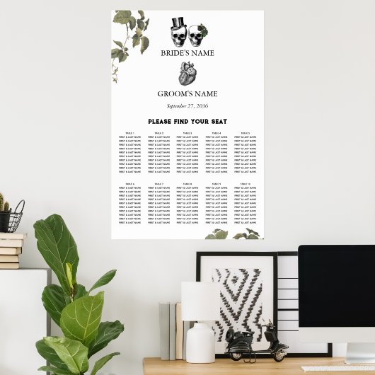 Hart Bloemen Schedels Bruiloft Zitkaarten Poster (Thuiskantoor)