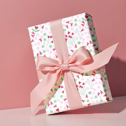 Hart Bloom Weide op Wit – Roze & Rode Valentijn Cadeaupapier