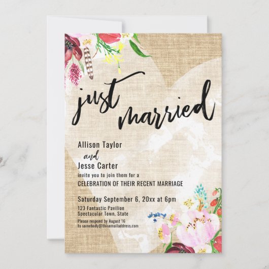 Hart Boho Bloemen Jute Net Pas Getrouwd Ontvangst Kaart (Voorkant)