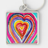 Hart boho waterverf kunst sleutelhanger (Voorkant)