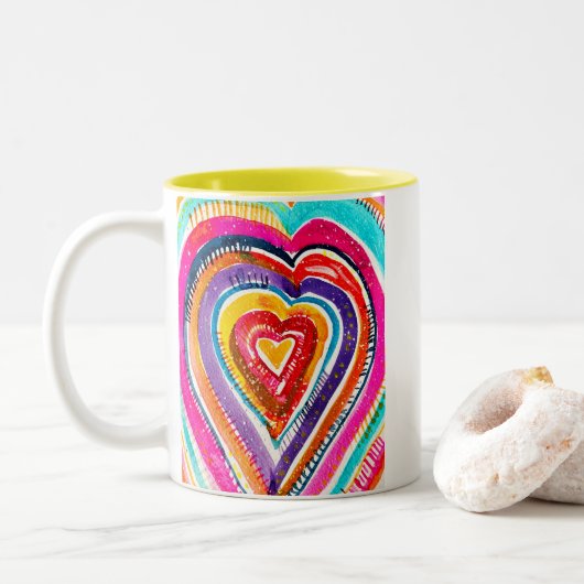 Hart boho waterverf kunst tweekleurige koffiemok (Met donut)
