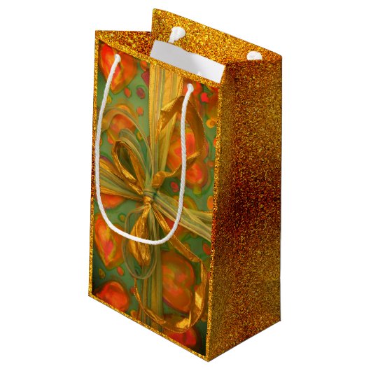 Hart boog rood en groen glitter look cadeau design klein cadeauzakje (Achterkant Gekanteld)