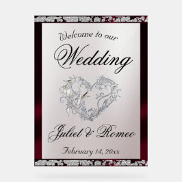 Hart, Bourgondisch lint & Sparkle Welkom Acryl Bord