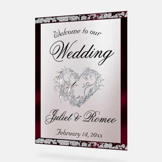 Hart, Bourgondisch lint & Sparkle Welkom Acryl Bord (Hoek)