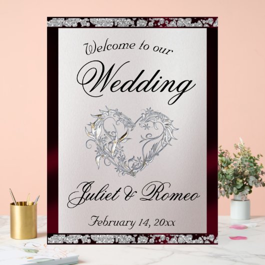 Hart, Bourgondisch lint & Sparkle Welkom Acryl Bord (Huwelijk)