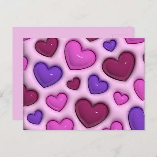 Hart Briefkaart met 3D glanzende harten (Voorkant / Achterkant)