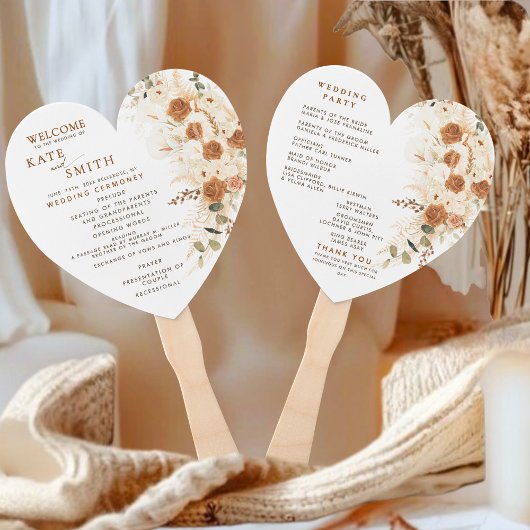 Hart bruiloft programma fan | rustieke bloemencere handwaaier