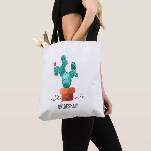 Hart Cactus Liefde Bruiloft Bruidsmeisje Naam Tote Bag (Dichtbij)
