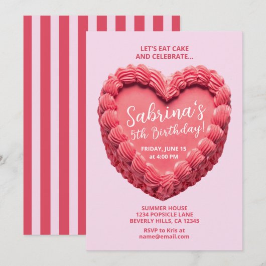 Hart Cake Verjaardagsuitnodiging (roze/rood) Kaart (Voorkant / Achterkant)