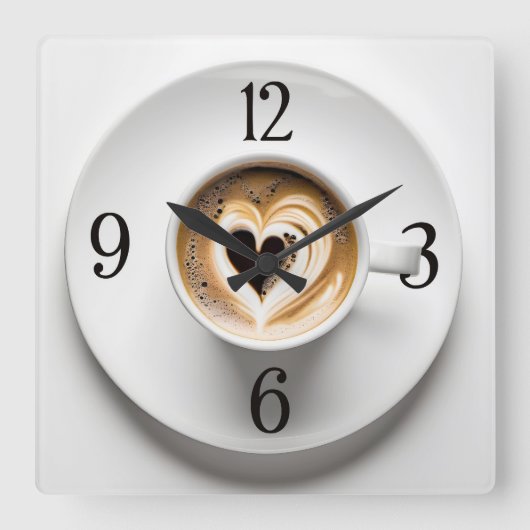 Hart cappuccino in witte beker vierkante klok (Voorkant)
