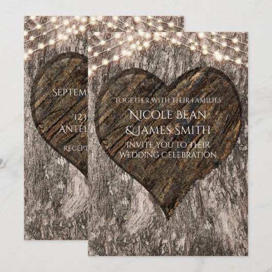 Hart Carved Tree & Lights Wedding Invitations Kaart (Voorkant / Achterkant)