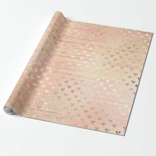 Hart Confetti Metallic Shabby Gold Wood Pink Rose Cadeaupapier (Uitgerold)