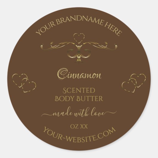  hart decoratieve goudblaasjes op bruin ronde sticker (Voorkant)