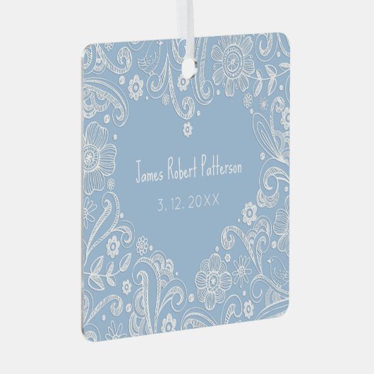 Hart Doodle Baby Jongen Naam Verjaardag Bijbel Ver Metalen Ornament (Voorkant Rechts)