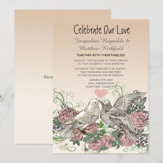 Hart Doves Roos Roze Romance Bruiloft Kaart (Voorkant / Achterkant)