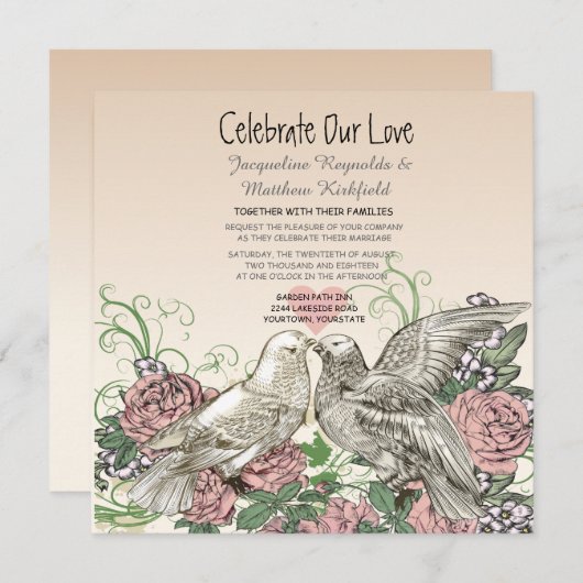Hart Doves Roos Roze Romance Bruiloft Kaart (Voorkant / Achterkant)