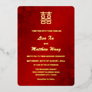 Hart Dubbel Geluk Rood Goud Chinees Bruiloft Folie Uitnodiging