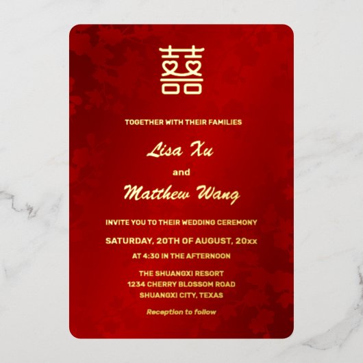 Hart Dubbel Geluk Rood Goud Chinees Bruiloft Folie Uitnodiging (Voorkant)