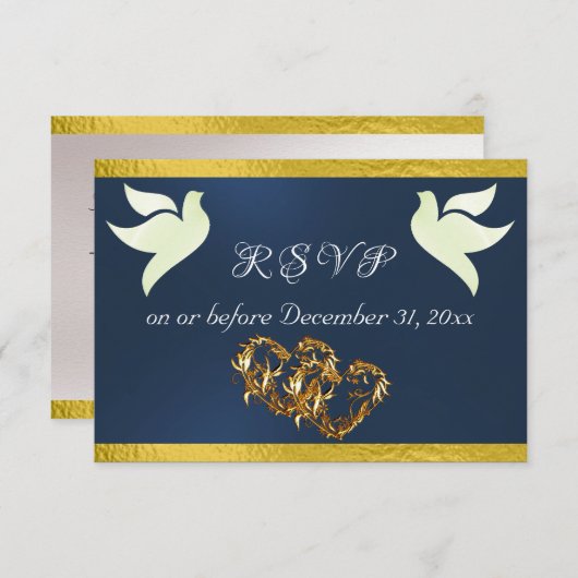 Hart, Duiven & Lint - Blauw/Goud RSVP Kaartje (Voorkant / Achterkant)