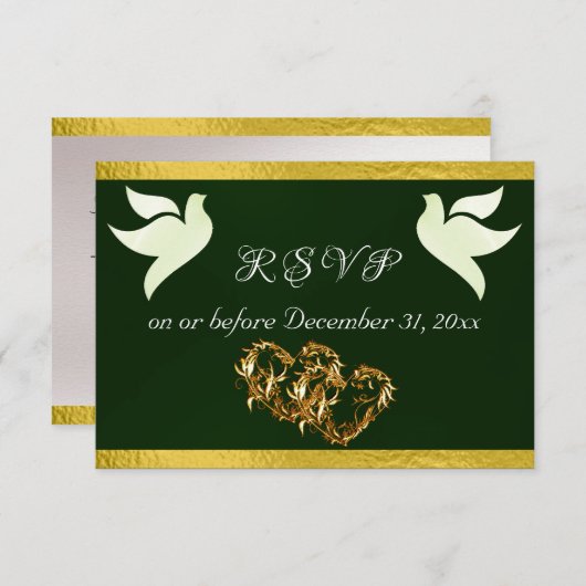 Hart, Duiven & Lint - Smaragd/Goud RSVP Kaartje (Voorkant / Achterkant)