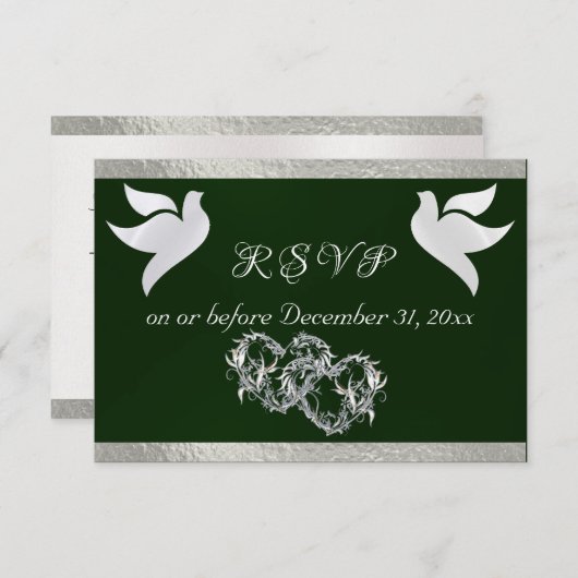 Hart, Duiven & Lint - Smaragd/Zilver RSVP Kaartje (Voorkant / Achterkant)