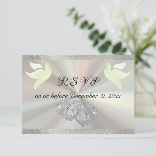 Hart, Duiven & Lint - Wit/Zilver RSVP Kaartje (Staand voorkant)