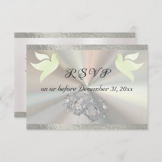 Hart, Duiven & Lint - Wit/Zilver RSVP Kaartje (Voorkant / Achterkant)