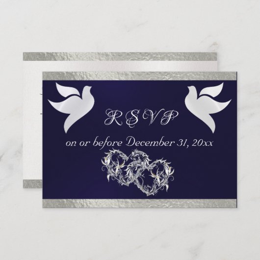 Hart, Duiven & Lint - Zwart/Zilver RSVP Kaartje (Voorkant / Achterkant)