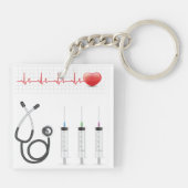 Hart ECG-monitor met stethoscoop en spuiten Sleutelhanger (Achterkant)