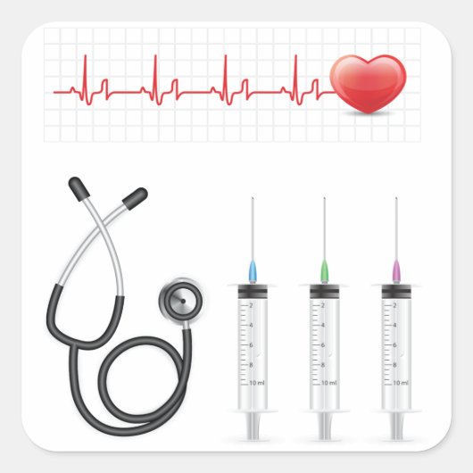 Hart ECG-monitor met stethoscoop en spuiten Vierkante Sticker (Voorkant)