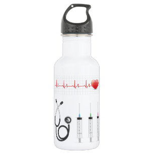 Hart ECG-monitor met stethoscoop en spuiten Waterfles
