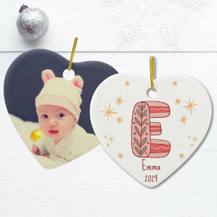 Hart Eerste Kerst Baby Meisje met Initiaal E Keramisch Ornament