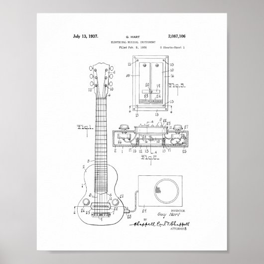 Hart Electric Guitar Pickup Patent Poster (Voorkant)