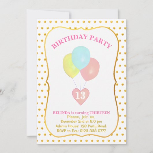 Hart en Ballonnen 13e Verjaardag Uitnodiging (Voorkant)