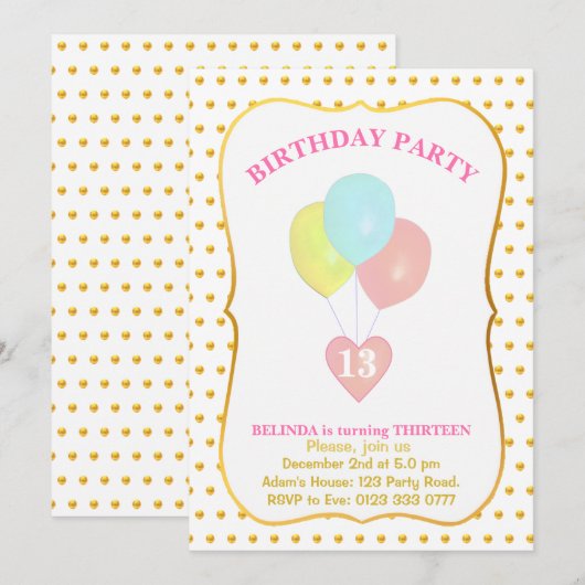 Hart en Ballonnen 13e Verjaardag Uitnodiging (Voorkant / Achterkant)