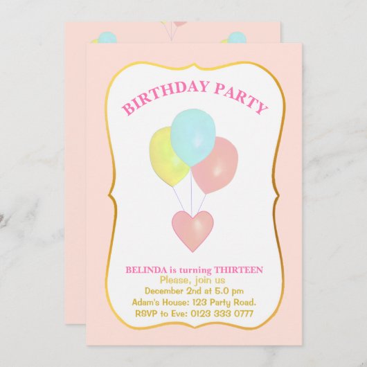 Hart en Ballonnen 13e Verjaardag Uitnodiging (Voorkant / Achterkant)