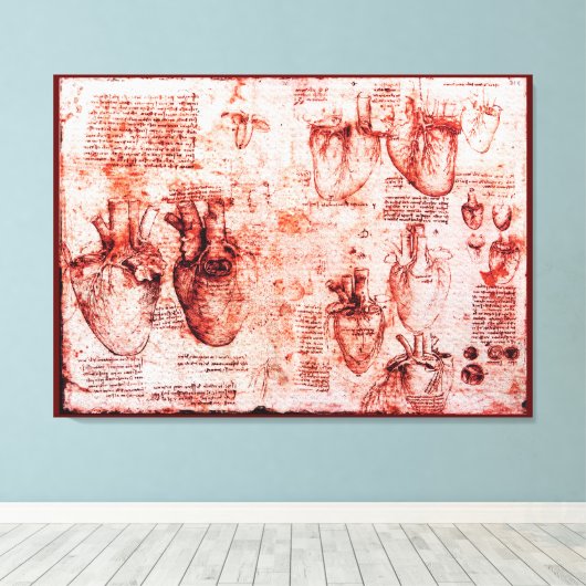 Hart en bloedvaten, Leonardo da Vinci, rood Canvas Afdruk (Insitu (Houten vloer))