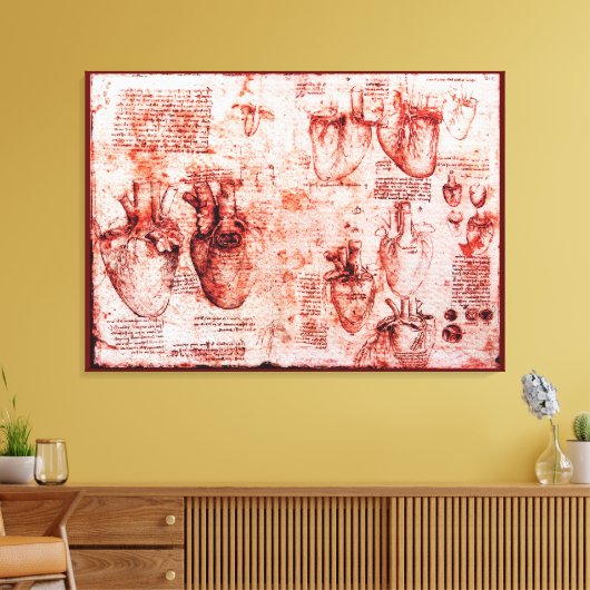 Hart en bloedvaten, Leonardo da Vinci, rood Canvas Afdruk (Insitu (Woonkamer))