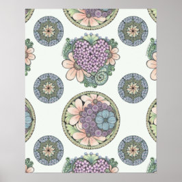 Hart en bloemen doodle art print, groot poster